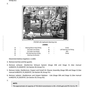 May include: Technical diagram of a hydraulic steering line, labelled A to I, with a legend. The image is a black and white illustration from a service manual, detailing engine components.