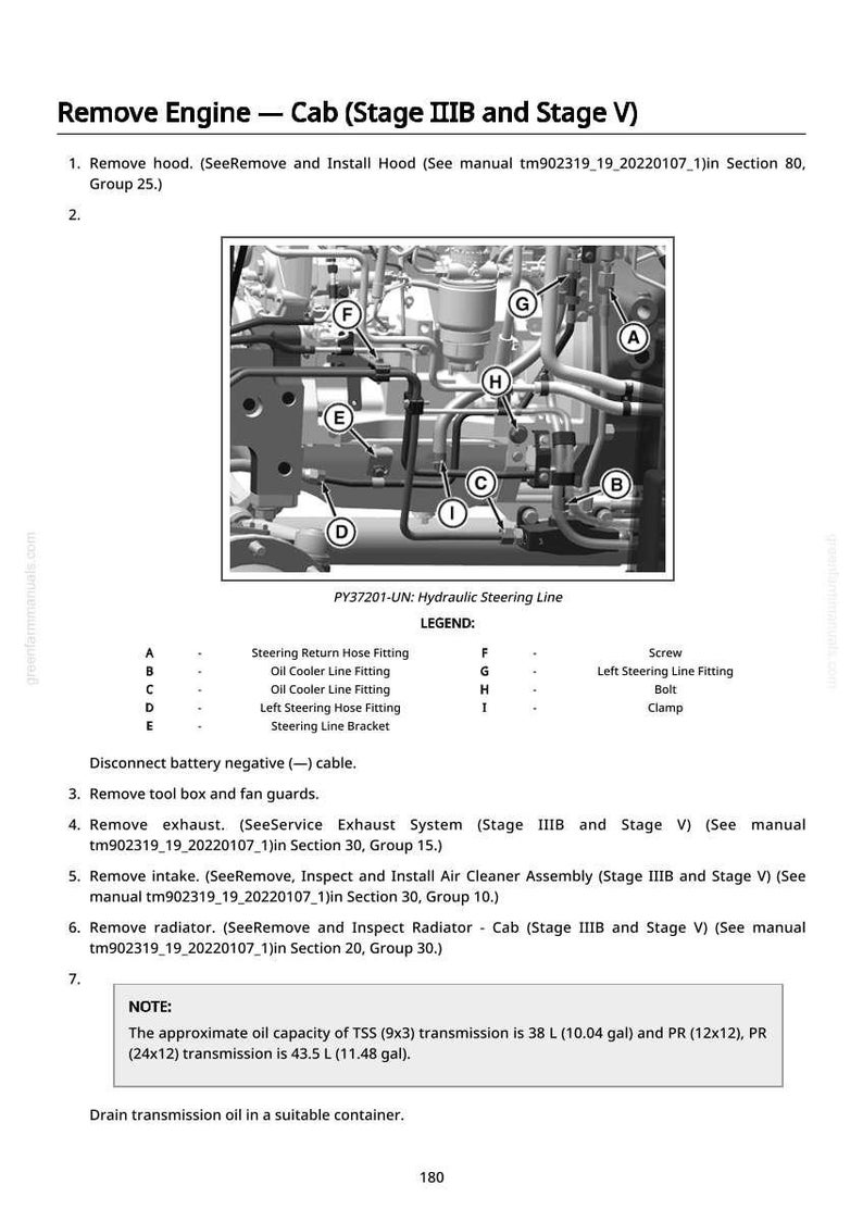 May include: Technical diagram of a hydraulic steering line, labelled A to I, with a legend. The image is a black and white illustration from a service manual, detailing engine components.