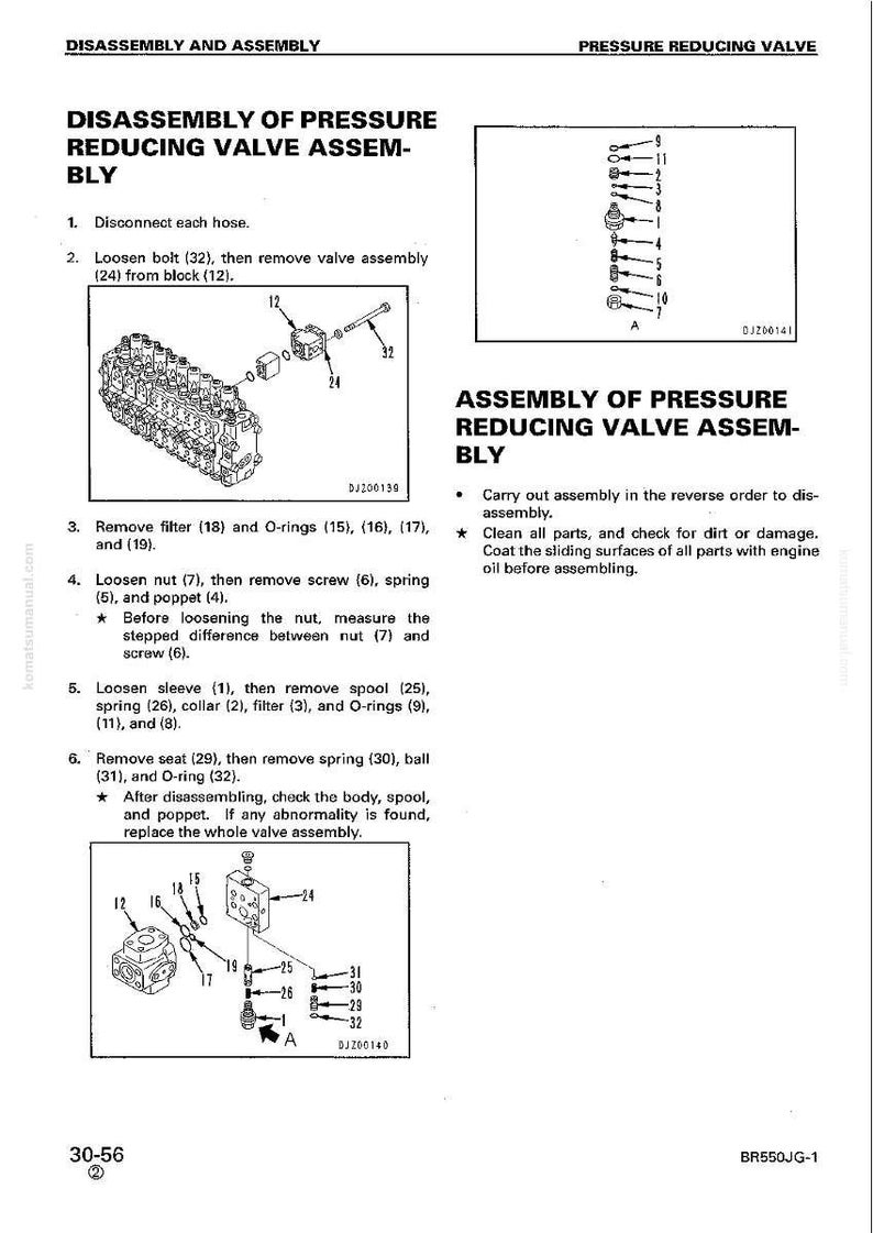May include: Diagram of the disassembly and assembly of a pressure reducing valve. The image includes detailed illustrations of valve components, with numbered parts and assembly instructions. Text includes "Disassembly of Pressure Reducing Valve Assembly" and "Assembly of Pressure Reducing Valve Assembly."