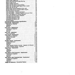 May include: Index page X-4 from a manual, listing engine and mechanical repair topics. Topics include engine noise, fuel consumption, turbocharger replacement, and valve adjustments. The text is in black font.