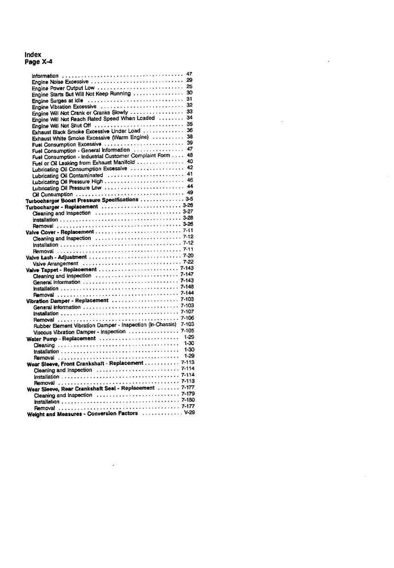 May include: Index page X-4 from a manual, listing engine and mechanical repair topics. Topics include engine noise, fuel consumption, turbocharger replacement, and valve adjustments. The text is in black font.