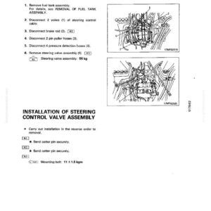 K&ouml;nnte beinhalten: Eine Seite aus einem Handbuch, die den Aus- und Einbau einer Servolenkungsventilbaugruppe beschreibt. Der Text enth&auml;lt nummerierte Schritte, Diagramme und Spezifikationen, wie z. B. das Gewicht der Servolenkungsventilbaugruppe, das 55 kg betr&auml;gt.