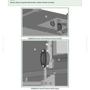 Puede incluir: Diagrama de un interruptor de sensor de llenado de tanque de grano, con etiquetas. La imagen incluye un presostato y detalles de ajuste. El texto indica que el sensor est&aacute; dentro del tanque de grano.