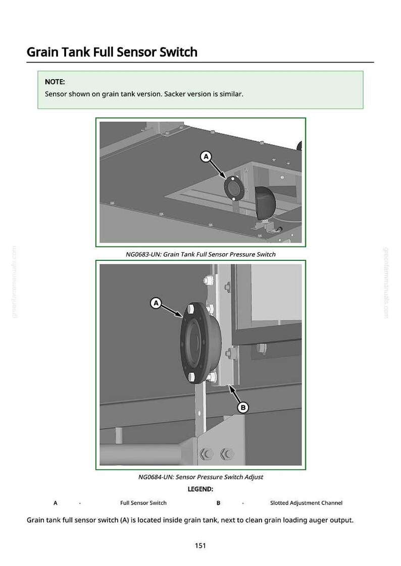 Puede incluir: Diagrama de un interruptor de sensor de llenado de tanque de grano, con etiquetas. La imagen incluye un presostato y detalles de ajuste. El texto indica que el sensor est&aacute; dentro del tanque de grano.
