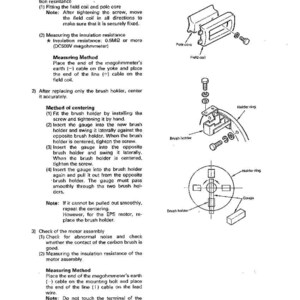 Puede incluir: Diagrama t&eacute;cnico de un sistema el&eacute;ctrico, con componentes como una bobina de campo y un portacepillos. El texto explica las notas de montaje, la medici&oacute;n de la resistencia de aislamiento y los procedimientos de centrado.