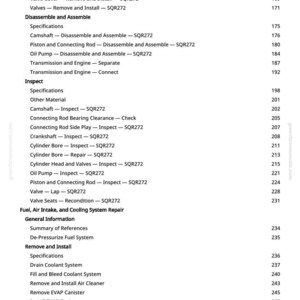 Pode incluir: Uma p&aacute;gina de manual com fundo branco, apresentando um &iacute;ndice detalhado para repara&ccedil;&atilde;o autom&oacute;vel. O texto lista procedimentos como remo&ccedil;&atilde;o e instala&ccedil;&atilde;o de componentes, inspe&ccedil;&otilde;es e repara&ccedil;&otilde;es do sistema, com n&uacute;meros de p&aacute;gina.