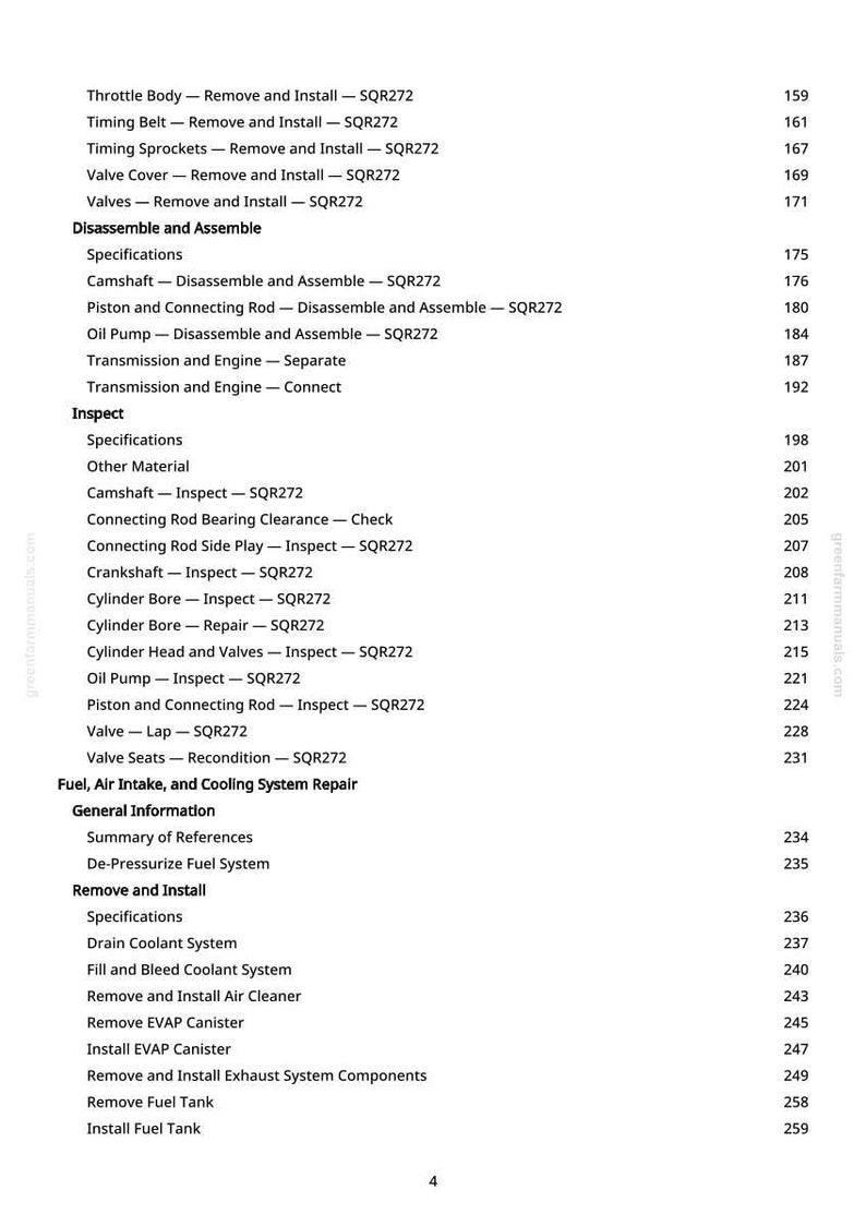 Pode incluir: Uma p&aacute;gina de manual com fundo branco, apresentando um &iacute;ndice detalhado para repara&ccedil;&atilde;o autom&oacute;vel. O texto lista procedimentos como remo&ccedil;&atilde;o e instala&ccedil;&atilde;o de componentes, inspe&ccedil;&otilde;es e repara&ccedil;&otilde;es do sistema, com n&uacute;meros de p&aacute;gina.