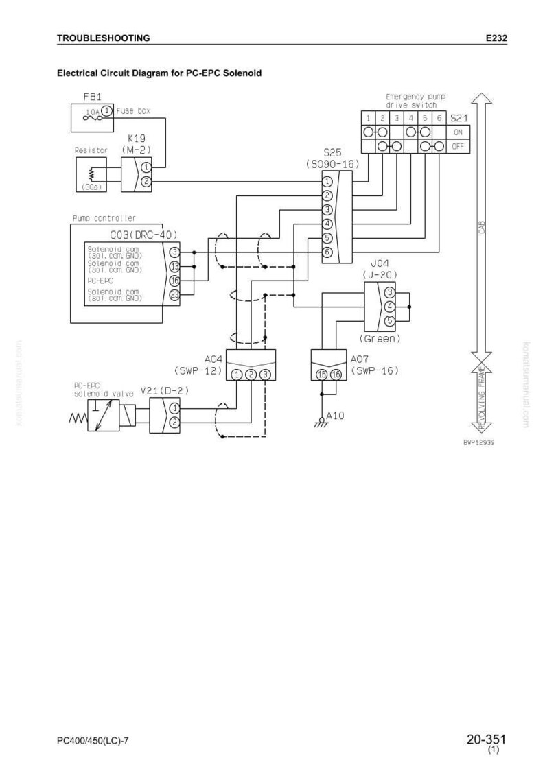 May include: Electrical circuit diagram for a PC-EPC solenoid, featuring a fuse box, resistor, pump controller, and emergency pump drive switch. The diagram includes labels and component identifiers for troubleshooting and maintenance.