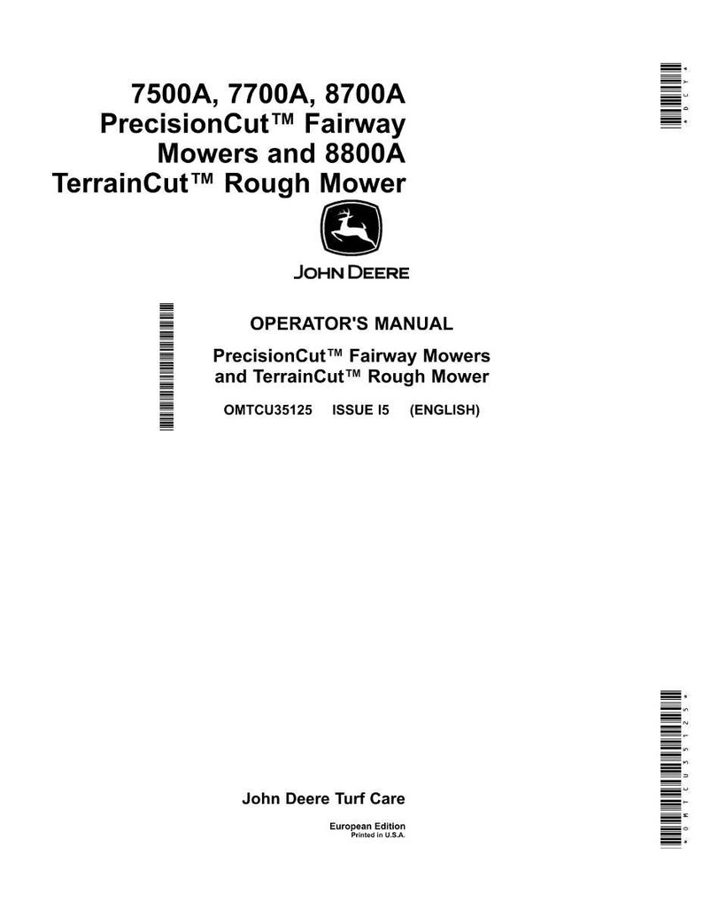 K&ouml;nnte beinhalten: Ein wei&szlig;es Bedienungshandbuch f&uuml;r John Deere PrecisionCut Fairway M&auml;hwerke und TerrainCut Rough M&auml;hwerke. Das Cover zeigt das John Deere Logo und die Modellnummern 7500A, 7700A, 8700A und 8800A. Gedruckt in den USA.