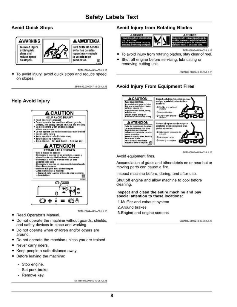 Puede incluir: Una p&aacute;gina de instrucciones de seguridad con advertencias para evitar lesiones. El texto incluye precauciones sobre paradas r&aacute;pidas, cuchillas giratorias e incendios de equipos. Hay diagramas e instrucciones en ingl&eacute;s y espa&ntilde;ol.