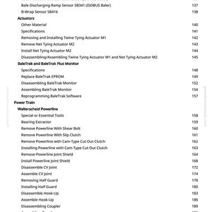 May include: A printed page from a manual, featuring a detailed table of contents. The text lists various components and procedures, including actuators, sensors, and power train elements, with corresponding page numbers.