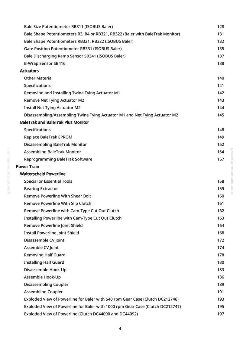May include: A printed page from a manual, featuring a detailed table of contents. The text lists various components and procedures, including actuators, sensors, and power train elements, with corresponding page numbers.