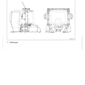 以下が含まれることがあります： D61EX、PX-15E0モデルの転倒保護構造（ROPS）の図。画像には、ROPSガードの側面図と正面図が含まれており、ラベルと注釈が付いています。テキストには「ROPS：転倒保護構造の略」が含まれています。