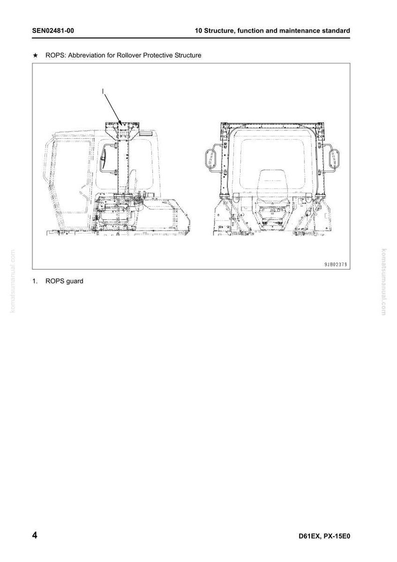 以下が含まれることがあります： D61EX、PX-15E0モデルの転倒保護構造（ROPS）の図。画像には、ROPSガードの側面図と正面図が含まれており、ラベルと注釈が付いています。テキストには「ROPS：転倒保護構造の略」が含まれています。