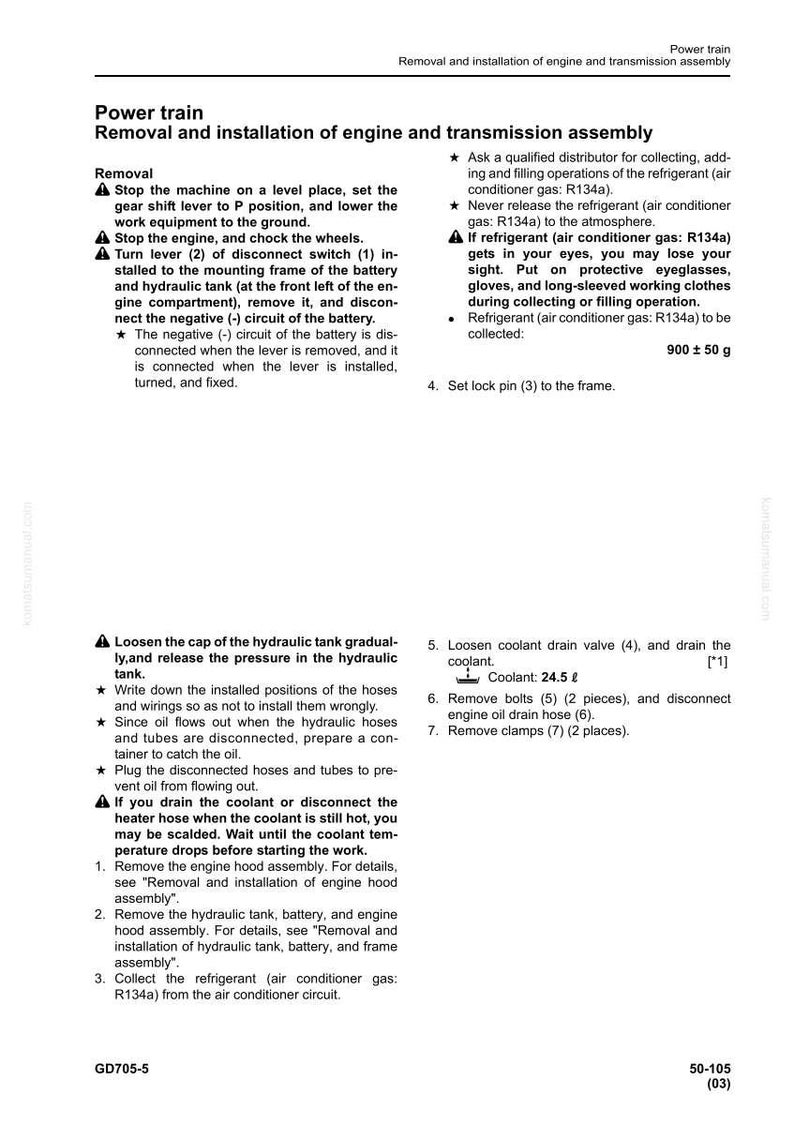 K&ouml;nnte beinhalten: Eine Seite aus einem Handbuch, die den Aus- und Einbau einer Motor- und Getriebeeinheit beschreibt. Der Text enth&auml;lt Sicherheitshinweise, Schritt-f&uuml;r-Schritt-Anleitungen und Diagramme f&uuml;r die Kfz-Reparatur.