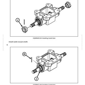 May include: Diagram showing mechanical components, including a housing, shafts, and castle nuts. The image illustrates the installation process, with labels and instructions for tightening the nuts and aligning the safety pin. The text reads "Installing Castle Nuts."