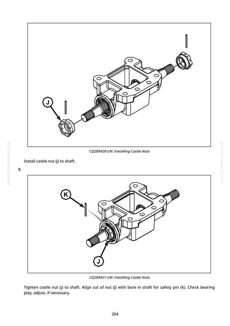 May include: Diagram showing mechanical components, including a housing, shafts, and castle nuts. The image illustrates the installation process, with labels and instructions for tightening the nuts and aligning the safety pin. The text reads "Installing Castle Nuts."