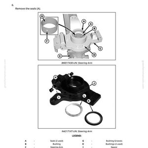 May include: Diagram of a steering arm assembly with labels. The image includes two detailed views of the steering arm, seals, bushings, and related components. Text in the image reads "IMPORTANT: Take care not to damage the spindle surface."