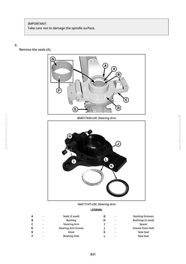 May include: Diagram of a steering arm assembly with labels. The image includes two detailed views of the steering arm, seals, bushings, and related components. Text in the image reads "IMPORTANT: Take care not to damage the spindle surface."