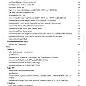 May include: A page from a manual with a table of contents. The text includes specifications, sensor names, and repair instructions for agricultural machinery components. The page number is 4.