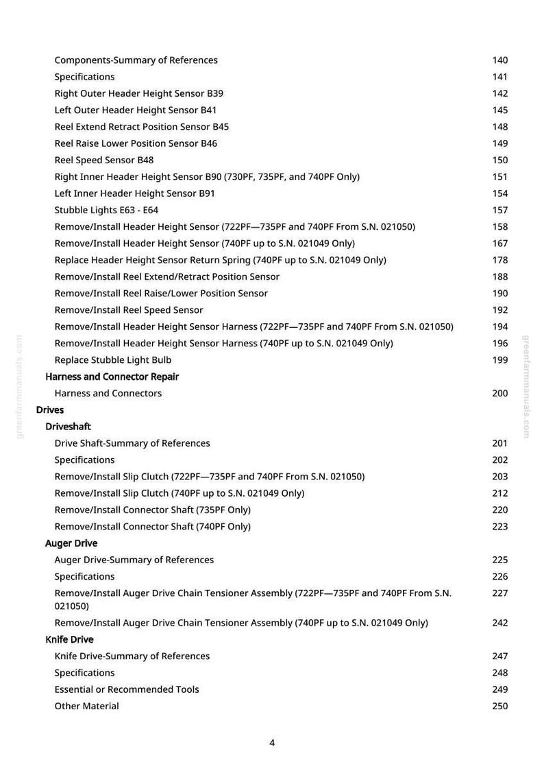 May include: A page from a manual with a table of contents. The text includes specifications, sensor names, and repair instructions for agricultural machinery components. The page number is 4.