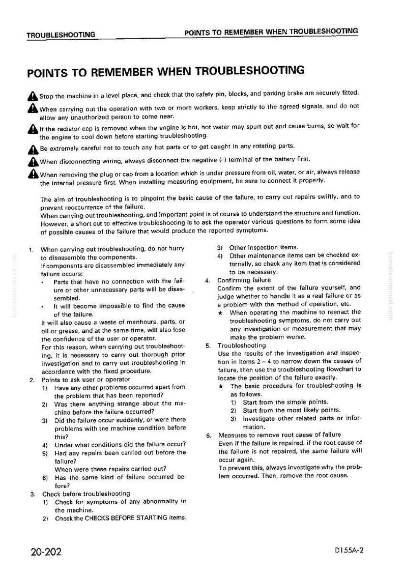 May include: A page from a troubleshooting manual titled "Points to Remember When Troubleshooting." It details safety advice, troubleshooting steps, and measures to prevent future failures. The document is in black and white.
