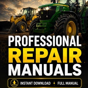 Pu&ograve; includere: Immagine promozionale per FixItManuals. L'immagine presenta un trattore verde e un mezzo da cantiere giallo. Il testo include "PROFESSIONAL REPAIR MANUALS", "INSTANT DOWNLOAD" e "ADD OUR SHOP TO FAVORITES".
