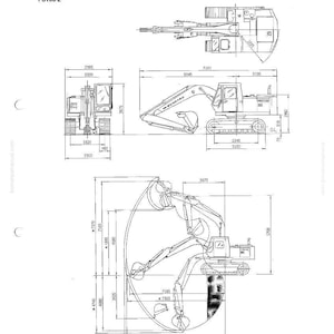 May include: A general assembly drawing of a PC100-2 excavator, with detailed dimensional specifications in inches. The diagram includes front, side, and top views, with labels and measurements for various components.