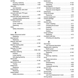 May include: Index page from Weidemann, featuring a detailed alphabetical list of mechanical components and their corresponding page numbers. Includes terms like 'Alternator,' 'Axles,' and 'Brake drum,' with a clear layout.