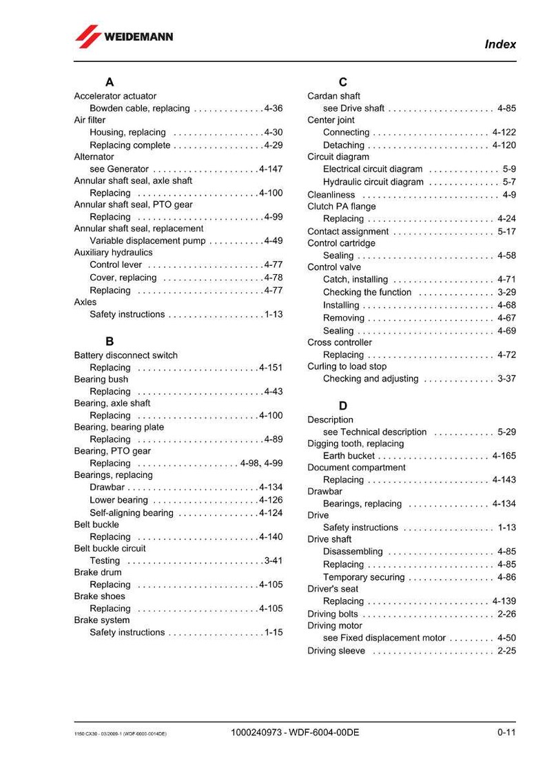 May include: Index page from Weidemann, featuring a detailed alphabetical list of mechanical components and their corresponding page numbers. Includes terms like 'Alternator,' 'Axles,' and 'Brake drum,' with a clear layout.