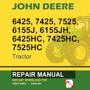 Może przedstawiać: Okładka instrukcji naprawy ciągnika John Deere. Obraz przedstawia zielono-ż&oacute;łty ciągnik na ż&oacute;łtym tle. Tekst zawiera "JOHN DEERE" i numery modeli ciągnik&oacute;w. Dolna sekcja zawiera "REPAIR MANUAL" i "INSTANT DOWNLOAD PDF".