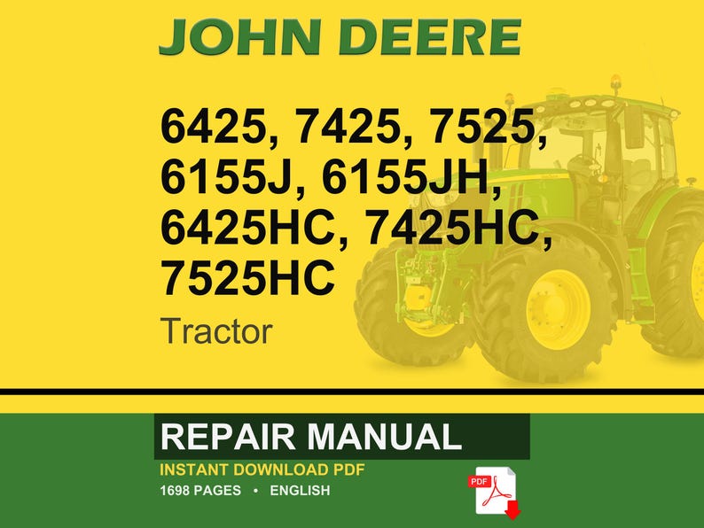 Może przedstawiać: Okładka instrukcji naprawy ciągnika John Deere. Obraz przedstawia zielono-ż&oacute;łty ciągnik na ż&oacute;łtym tle. Tekst zawiera "JOHN DEERE" i numery modeli ciągnik&oacute;w. Dolna sekcja zawiera "REPAIR MANUAL" i "INSTANT DOWNLOAD PDF".