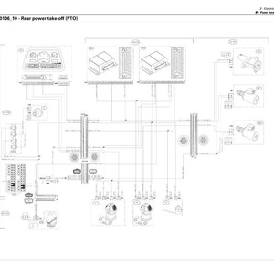 May include: Detailed diagram of a tractor's rear power take-off (PTO) system, showing electrical and hydraulic schematics. The black and white diagram includes various components, wiring, and labels.