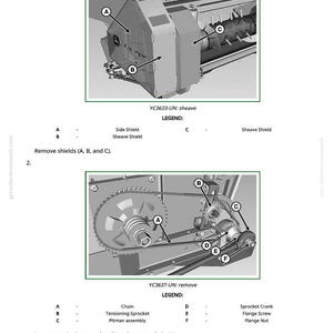 Puede incluir: Diagrama que ilustra la extracci&oacute;n e instalaci&oacute;n de una polea de transmisi&oacute;n de carrete. La imagen incluye diagramas detallados con etiquetas e instrucciones para el desmontaje y montaje de componentes mec&aacute;nicos. Texto: "Remove and Install Reel Drive Sheave" y "YC3633-UN: sheave".
