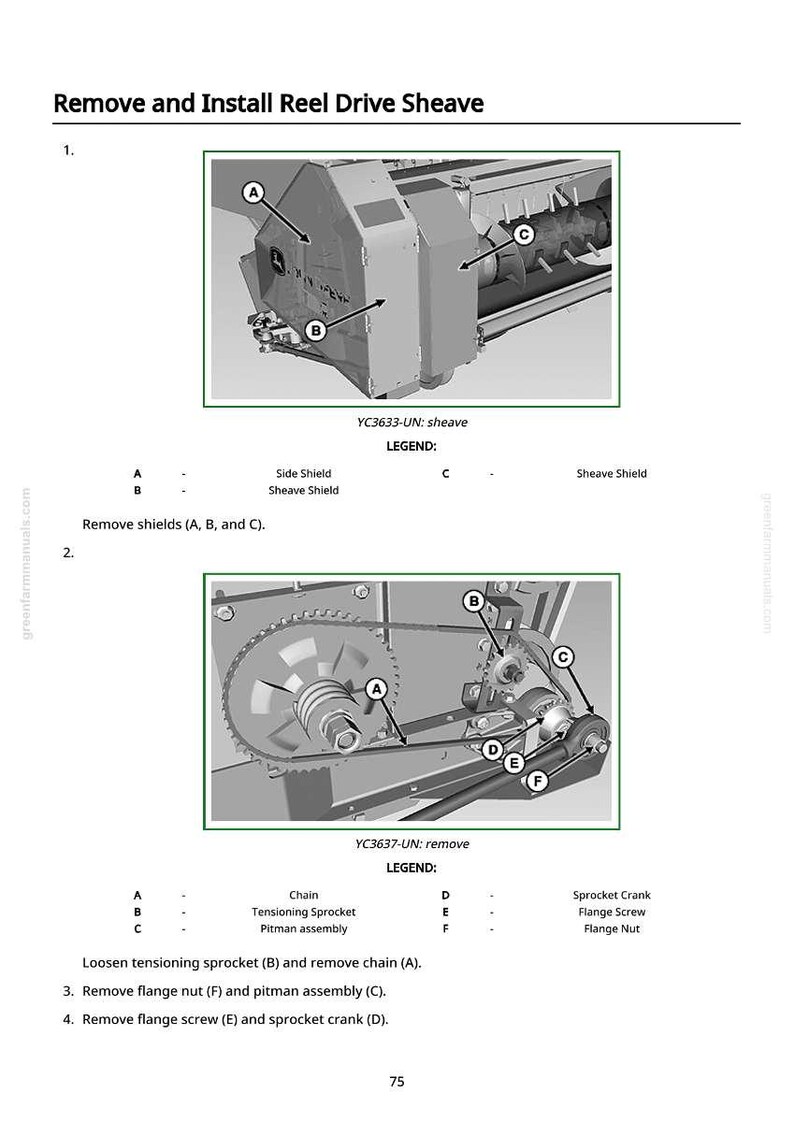 Puede incluir: Diagrama que ilustra la extracci&oacute;n e instalaci&oacute;n de una polea de transmisi&oacute;n de carrete. La imagen incluye diagramas detallados con etiquetas e instrucciones para el desmontaje y montaje de componentes mec&aacute;nicos. Texto: "Remove and Install Reel Drive Sheave" y "YC3633-UN: sheave".