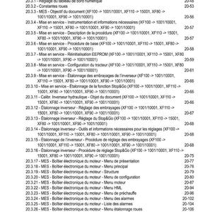 May include: A detailed table of contents from a technical manual, featuring a list of topics related to tractor maintenance and electronic engine control systems. The document includes sections on calibration, adjustments, and software configurations.