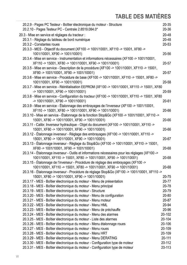 May include: A detailed table of contents from a technical manual, featuring a list of topics related to tractor maintenance and electronic engine control systems. The document includes sections on calibration, adjustments, and software configurations.