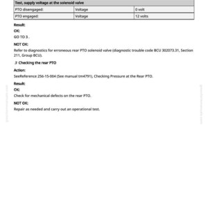 May include: A page from a manual with text and a table detailing voltage measurements for a solenoid valve. The table shows 0 volts when disengaged and 12 volts when engaged. Instructions and troubleshooting steps are also included.