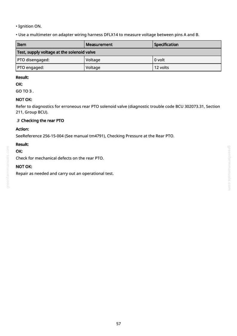 May include: A page from a manual with text and a table detailing voltage measurements for a solenoid valve. The table shows 0 volts when disengaged and 12 volts when engaged. Instructions and troubleshooting steps are also included.