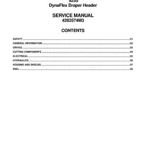 Pu&ograve; includere: Manuale di servizio bianco per un Massey Ferguson 9255 DynaFlex Draper Header. La copertina include il logo Massey Ferguson, il titolo del manuale, il numero di parte e un sommario. Stampato negli Stati Uniti nell'agosto 2018.