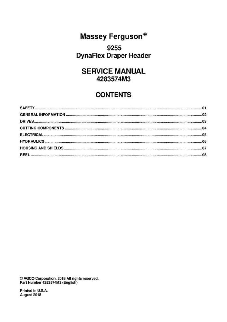 Pu&ograve; includere: Manuale di servizio bianco per un Massey Ferguson 9255 DynaFlex Draper Header. La copertina include il logo Massey Ferguson, il titolo del manuale, il numero di parte e un sommario. Stampato negli Stati Uniti nell'agosto 2018.