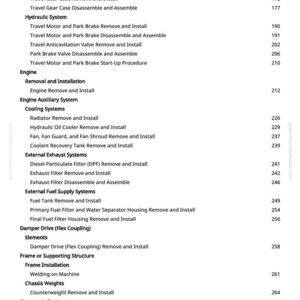 May include: A white page with a detailed table of contents for a manual. The text includes sections on axles, engines, cooling systems, and exhaust systems. Page numbers are listed on the right.