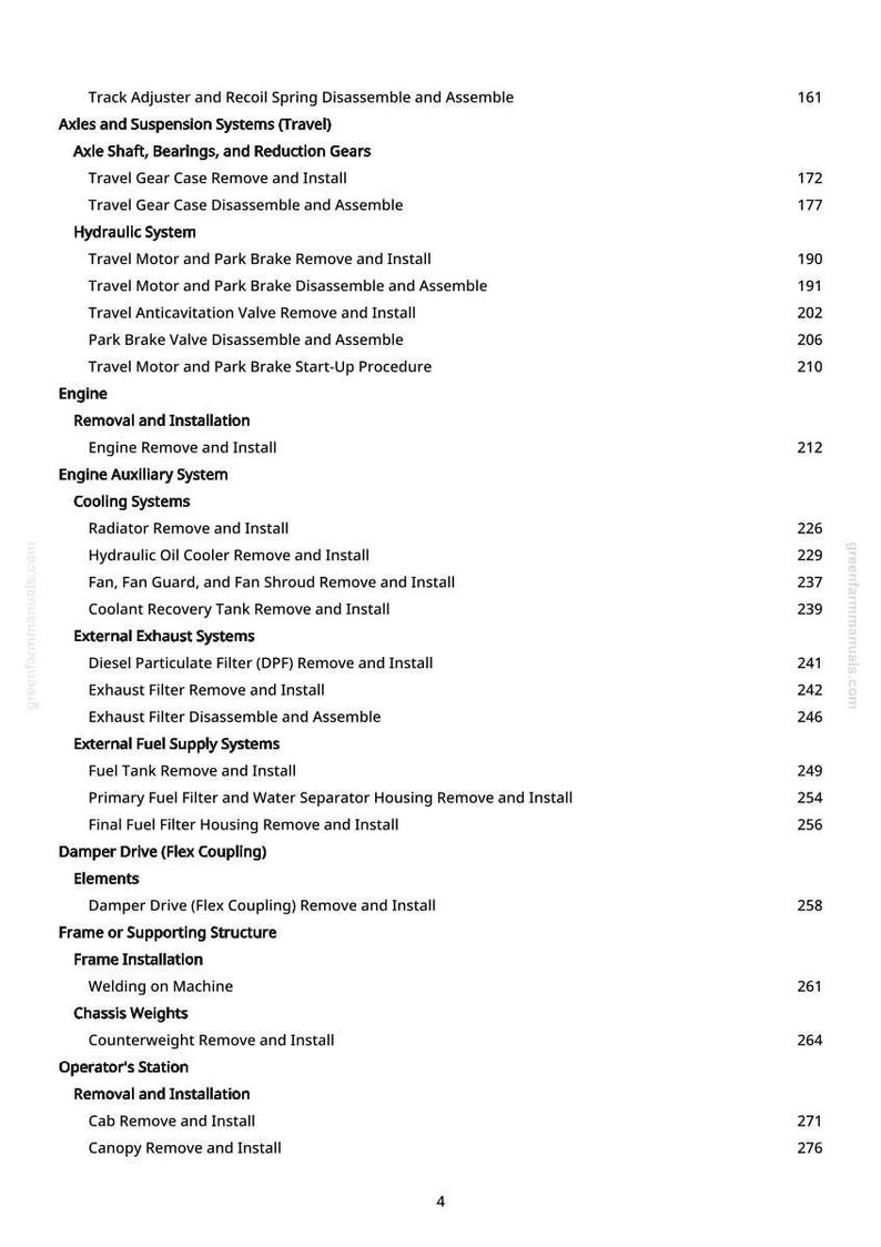 May include: A white page with a detailed table of contents for a manual. The text includes sections on axles, engines, cooling systems, and exhaust systems. Page numbers are listed on the right.
