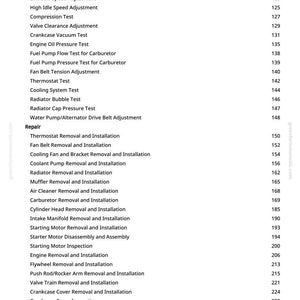 May include: A page from a greenfarmmanuals.com manual, listing engine repair procedures. The text includes adjustments, tests, removal, and installation procedures for various engine components.