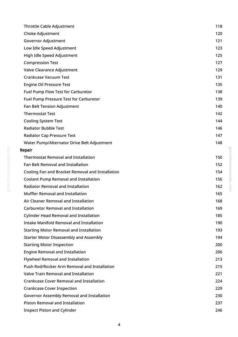 May include: A page from a greenfarmmanuals.com manual, listing engine repair procedures. The text includes adjustments, tests, removal, and installation procedures for various engine components.