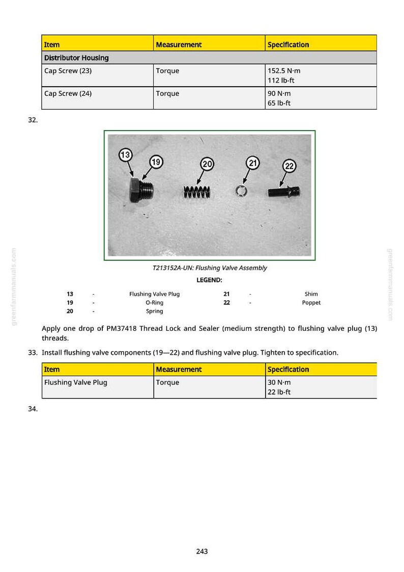 May include: Diagram of a flushing valve assembly with labeled components: flushing valve plug, O-ring, spring, shim, and poppet. Includes torque specifications in lb-ft and N-m for cap screws and flushing valve plug.
