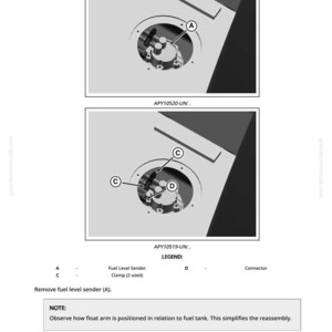 Pu&ograve; includere: Diagrammi dei componenti del trasmettitore del livello carburante, tra cui un trasmettitore del livello carburante, morsetti e un connettore. I diagrammi sono etichettati con lettere e includono il testo "Rimuovere il trasmettitore del livello carburante (A)." e "Osservare come &egrave; posizionato il braccio del galleggiante in relazione al serbatoio del carburante."
