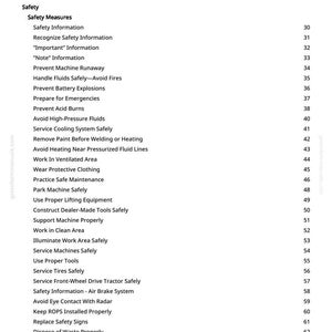 May include: A white page with a table of contents from a manual. The title "Table of Contents" is at the top. The table lists safety measures, including "Prevent Machine Runaway" and "Service Tires Safely". Page numbers are on the right.