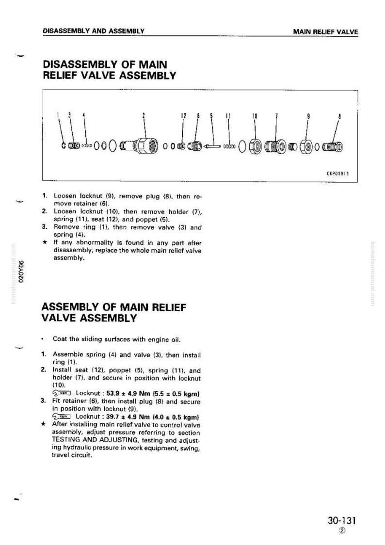 以下が含まれることがあります： メインリリーフバルブアセンブリの分解と組み立ての詳細を示す図。番号付きのコンポーネント、Nmとkgmの測定値、メンテナンスと調整の手順が含まれています。「DISASSEMBLY OF MAIN RELIEF VALVE ASSEMBLY」というテキストが含まれています。