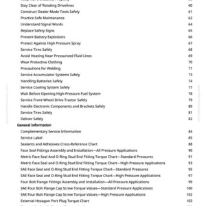 May include: A page from a manual with a list of safety instructions and technical information. The text includes topics like "Service Tires Safely" and "Prevent Battery Explosions." The page number is visible at the bottom.